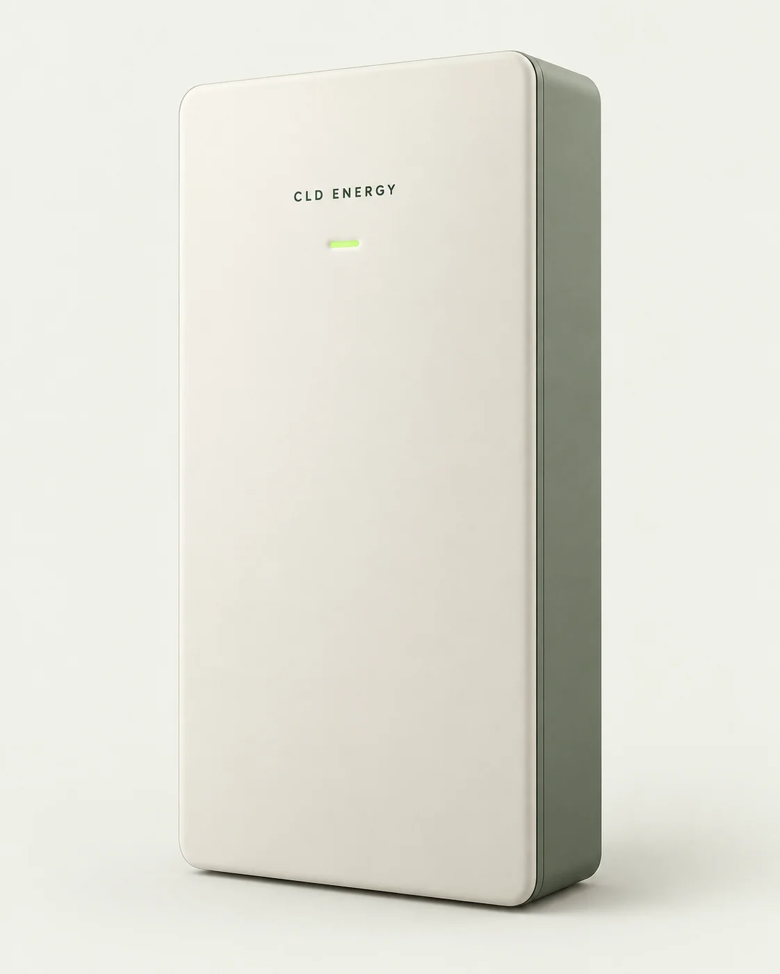 AI-generated concept of an ivory CLD Energy home battery with a sage side panel and lime status light