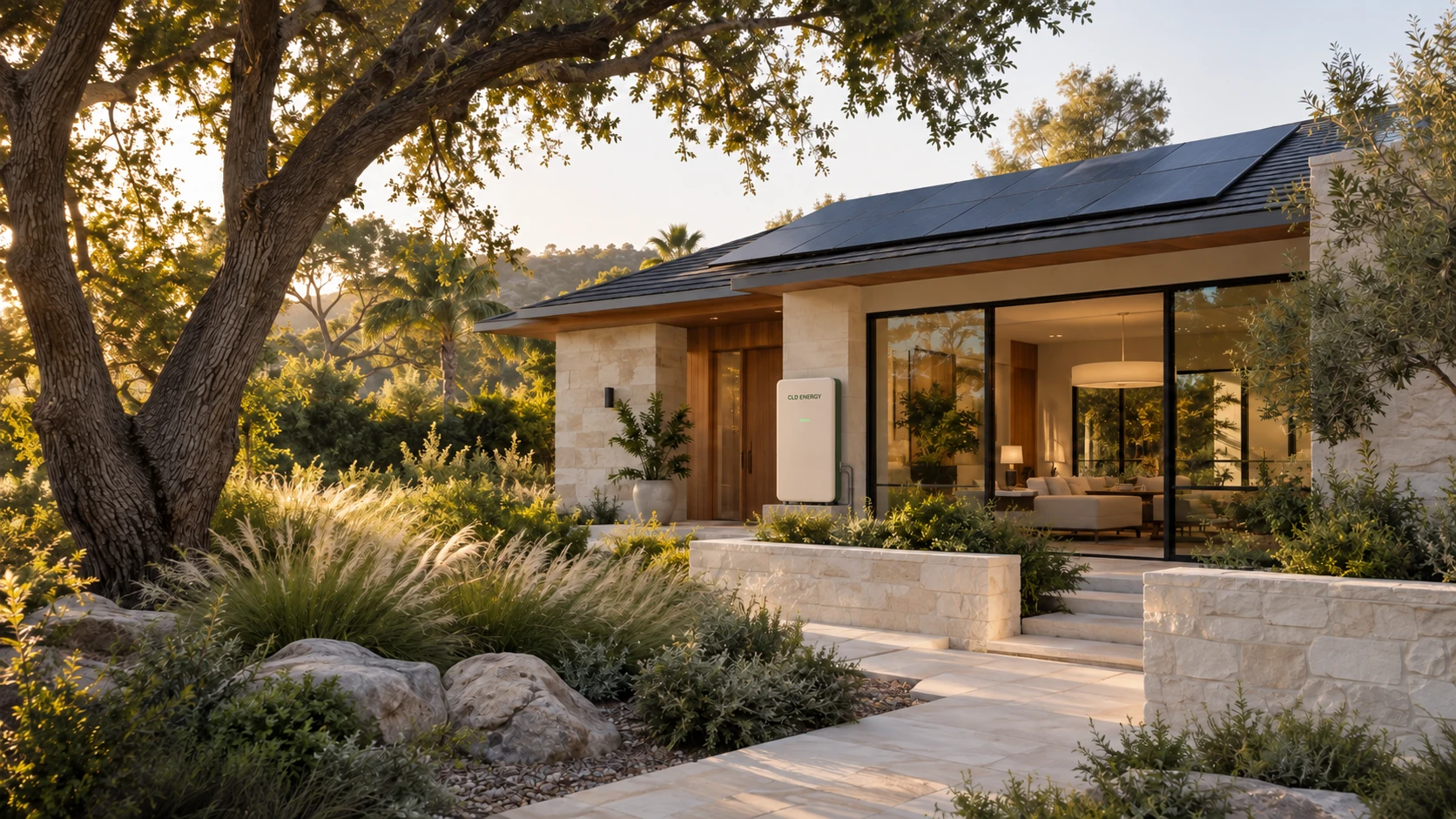 CLD Energy concept home with rooftop solar panels and wall-mounted battery storage