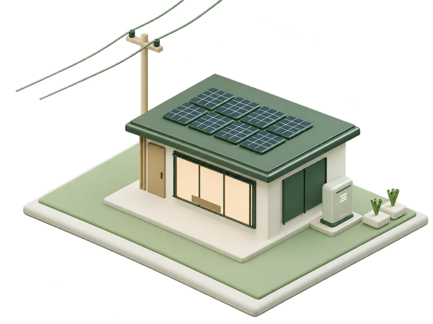 Solar-equipped house with battery beside the right wall and a clear front entrance.
